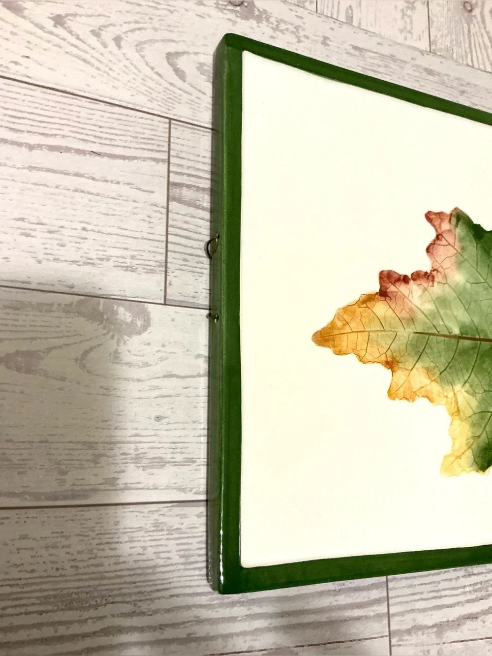 Pier 1 Ceramic Trivet with maple Leaf in Green, Cream and Brown